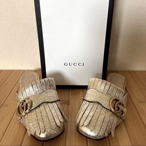 GUCCI GOLD FOIL LEATHER GG Marmont Fringed Mule 35.5